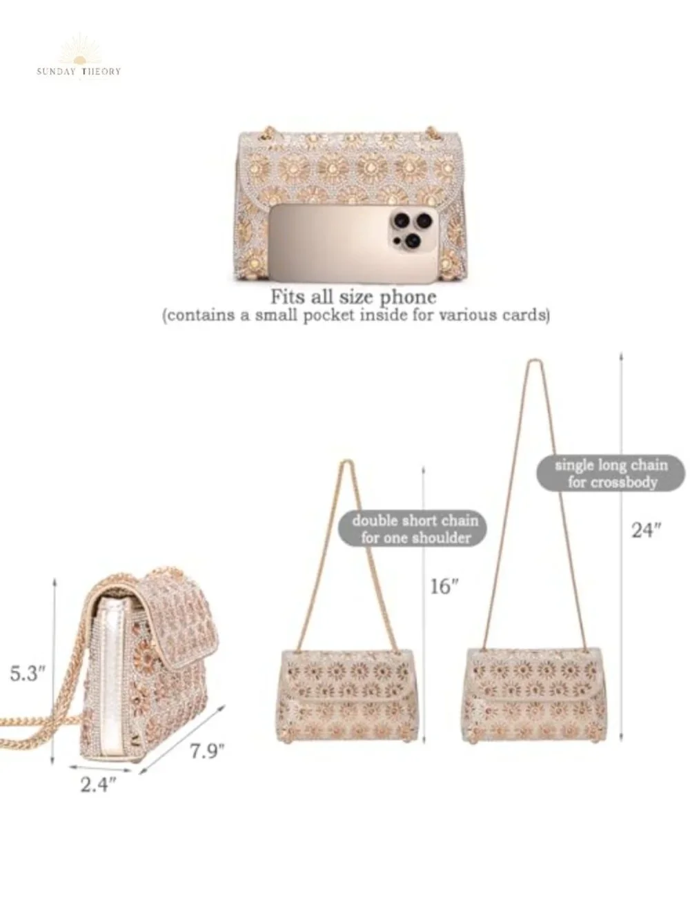 Rhinestone Evening Bag with Chain - Clutch Purse for Women